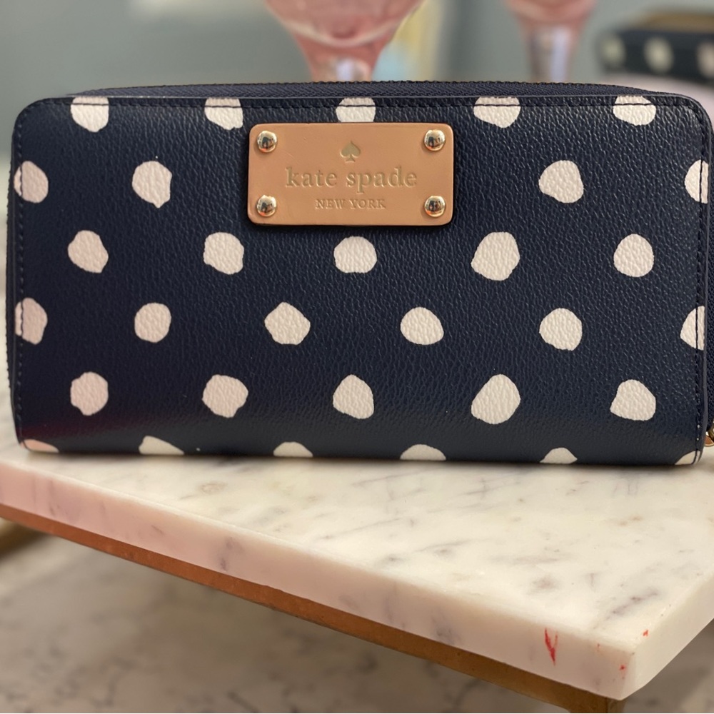 Kate Spade blue and white polka dot wallet